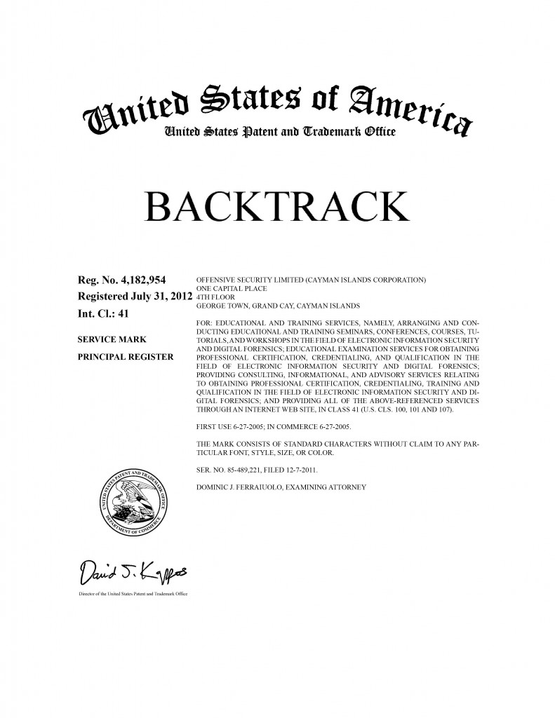 Trademark Application Granted for BACKTRACK. Riddle Patent Law, Scranton, PA, King of Prussia, PA, Allentown, PA, Georgetown, Grand Cay, Cayman Islands