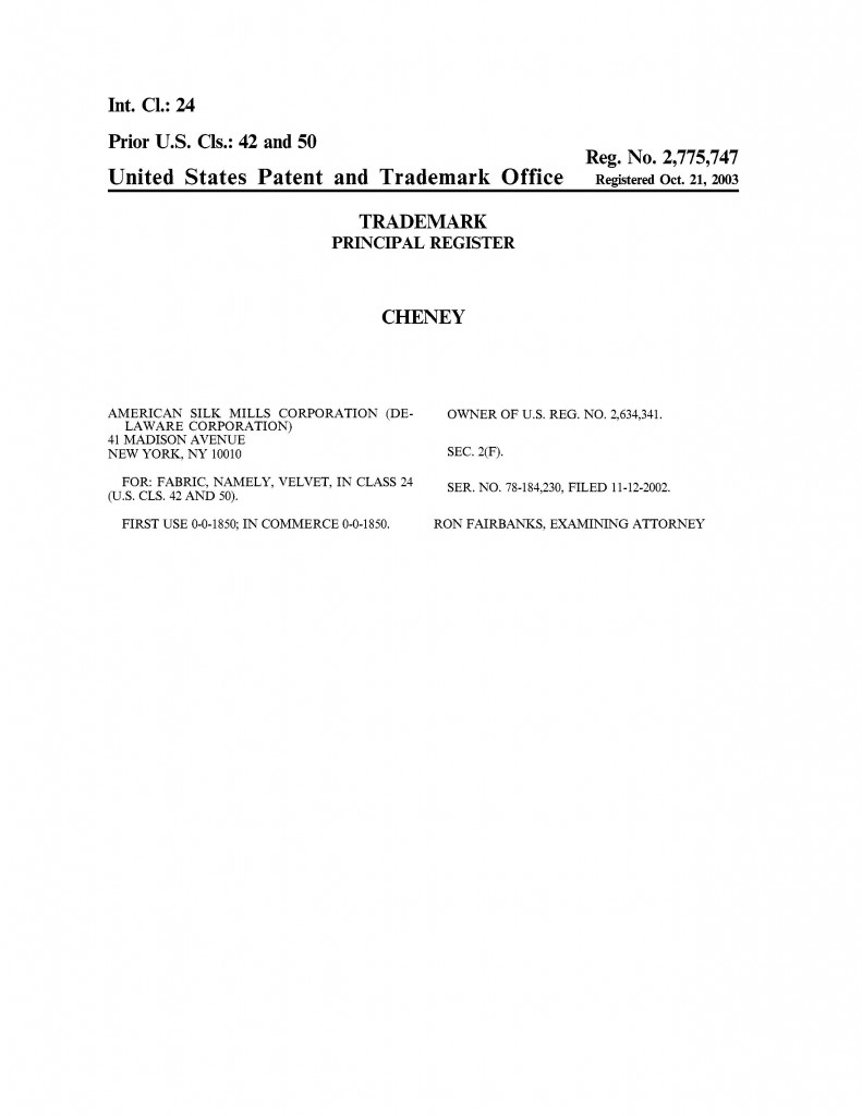 Trademark Application Granted for CHENEY. Riddle Patent Law, Scranton, PA, King of Prussia, PA, Allentown, PA, New York, NY.