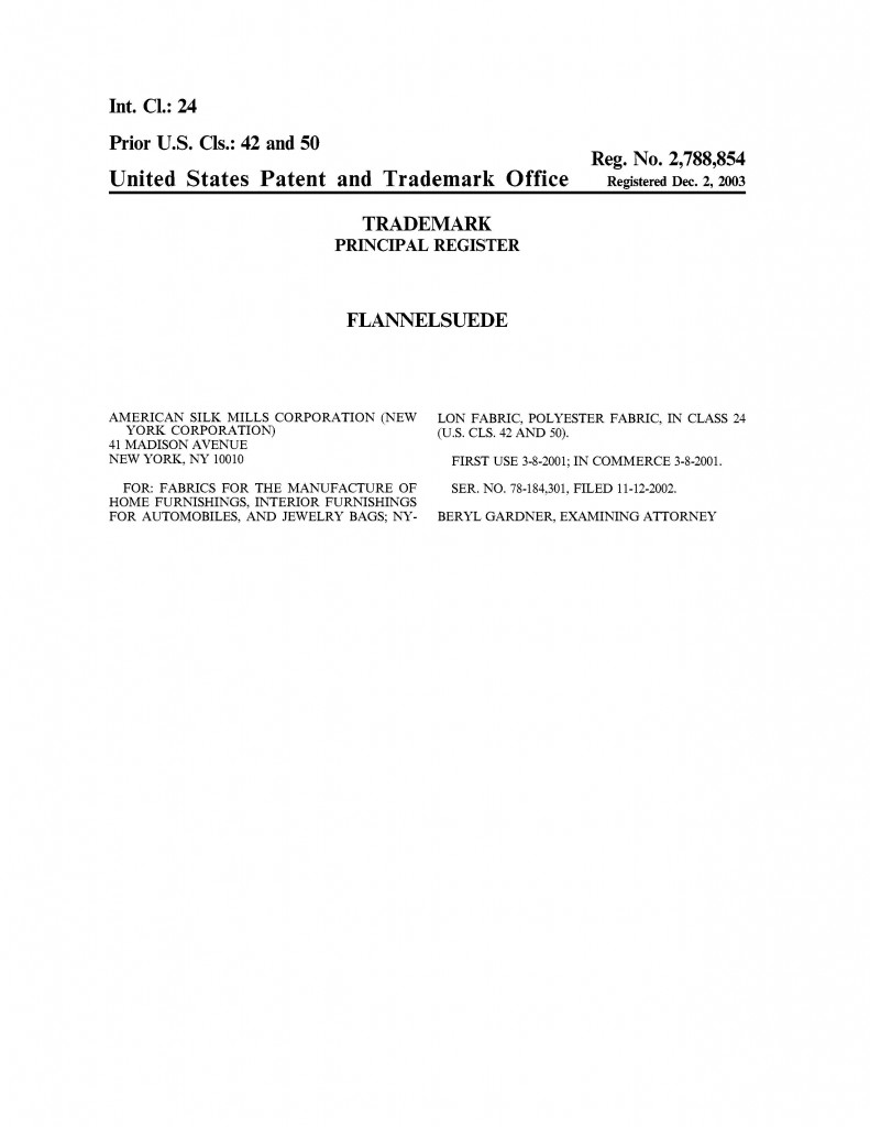Trademark Application Granted for FLANNELSUEDE. Riddle Patent Law, Scranton, PA, King of Prussia, PA, Allentown, PA, New York, NY.