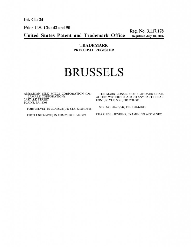 Trademark Application Granted for BRUSSELS. Riddle Patent Law, Scranton, PA, King of Prussia, PA, Allentown, PA, Plains, PA.