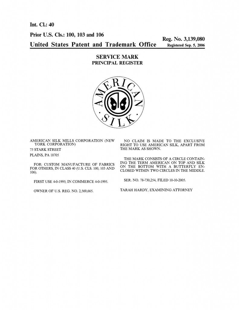 Trademark Application Granted for AMERICAN SILK, Riddle Patent Law, Scranton, PA, King of Prussia, PA, Allentown, PA, Plains, PA.