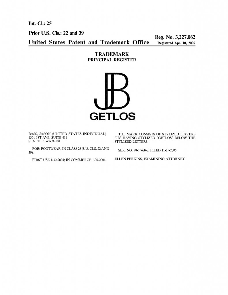 Trademark Application Granted for JB GETLOS. Riddle Patent Law, Scranton, PA, King of Prussia, PA, Allentown, PA, Seattle, WA.