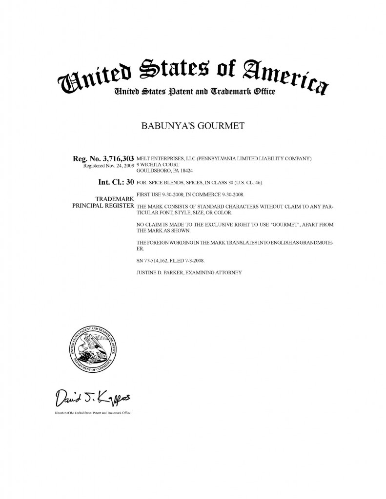 Trademark Application Granted for BABUNYA'S GOURMET. Riddle Patent Law, Scranton, PA, King of Prussia, PA, Allentown, PA, Gouldsboro, PA.
