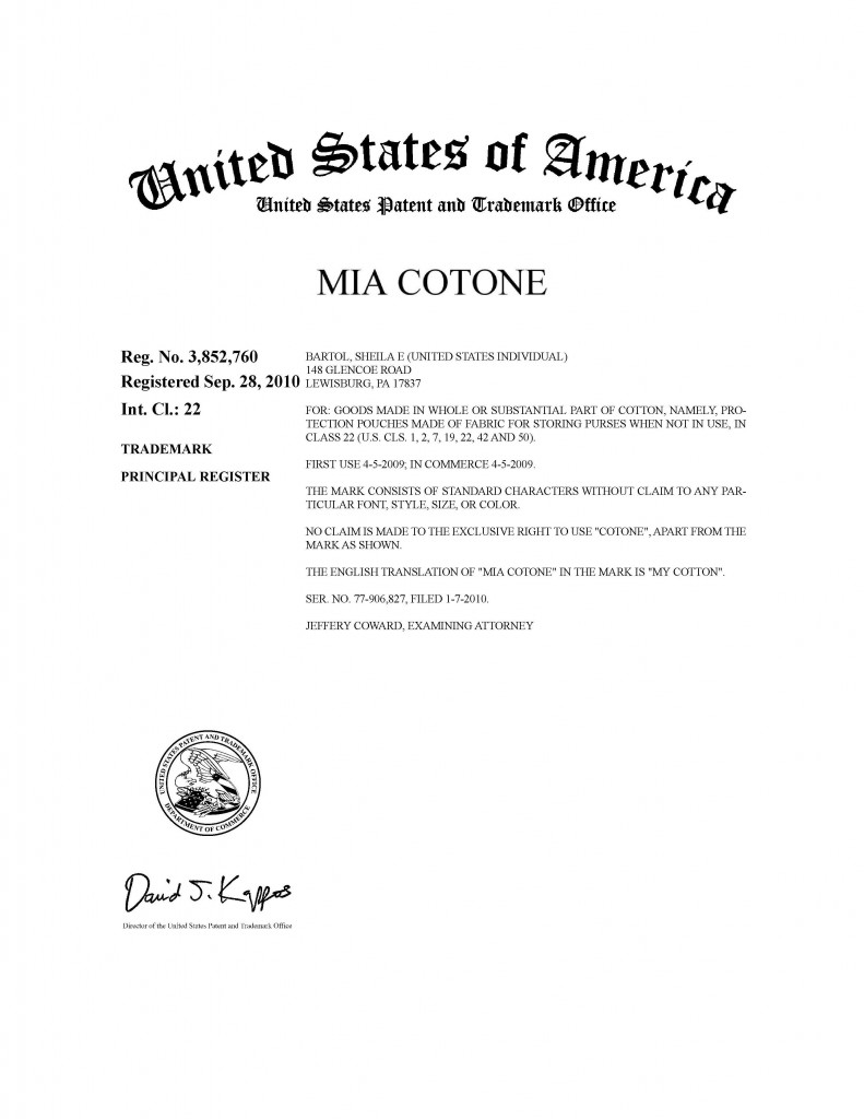 Trademark Application Granted for MIA COTONE, Riddle Patent Law, Scranton, PA, King of Prussia, PA, Allentown, PA, Lewisburg, PA.