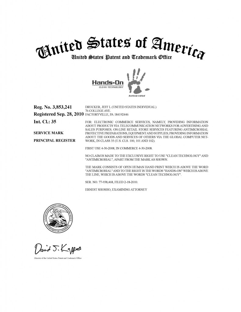 Trademark Application Granted for HANDS ON CLEAN TECHNOLOGY ANTIMICROBIAL, Riddle Patent Law, Scranton, PA, King of Prussia, PA, Allentown, PA, Factoryville, PA.