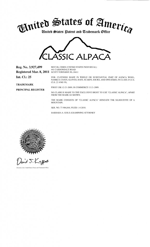 Trademark Application Grant for CLASSIC ALPACA, Riddle Patent Law, Scranton, PA, King of Prussia, PA, Allentown, PA, Scott Township, PA.