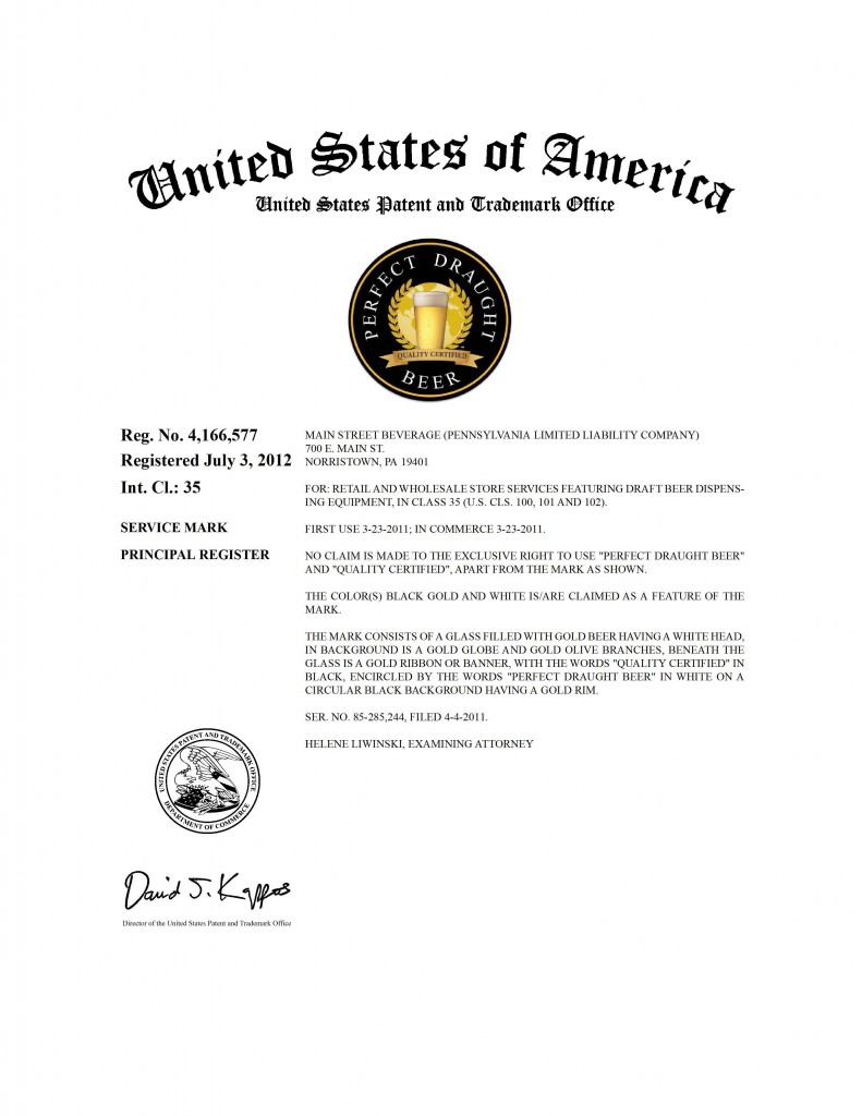 Trademark Application Grant for PERFECT DRAUGHT BEER QUALITY CERTIFIED, Riddle Patent Law, Scranton, PA, King of Prussia, PA, Allentown, PA, Norristown, PA.