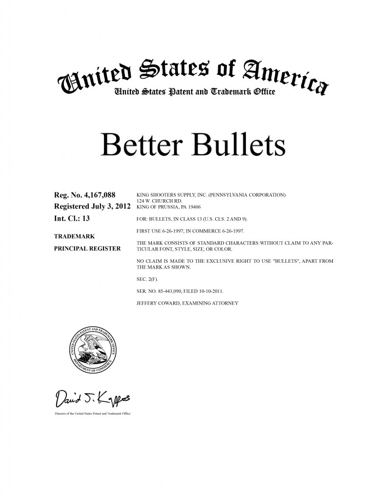 Trademark Application Granted for Better Bullets, Trademark Application Grant for PERFECT DRAUGHT BEER QUALITY CERTIFIED, Riddle Patent Law, Scranton, PA, King of Prussia, PA, Allentown, PA, King of Prussia, PA.