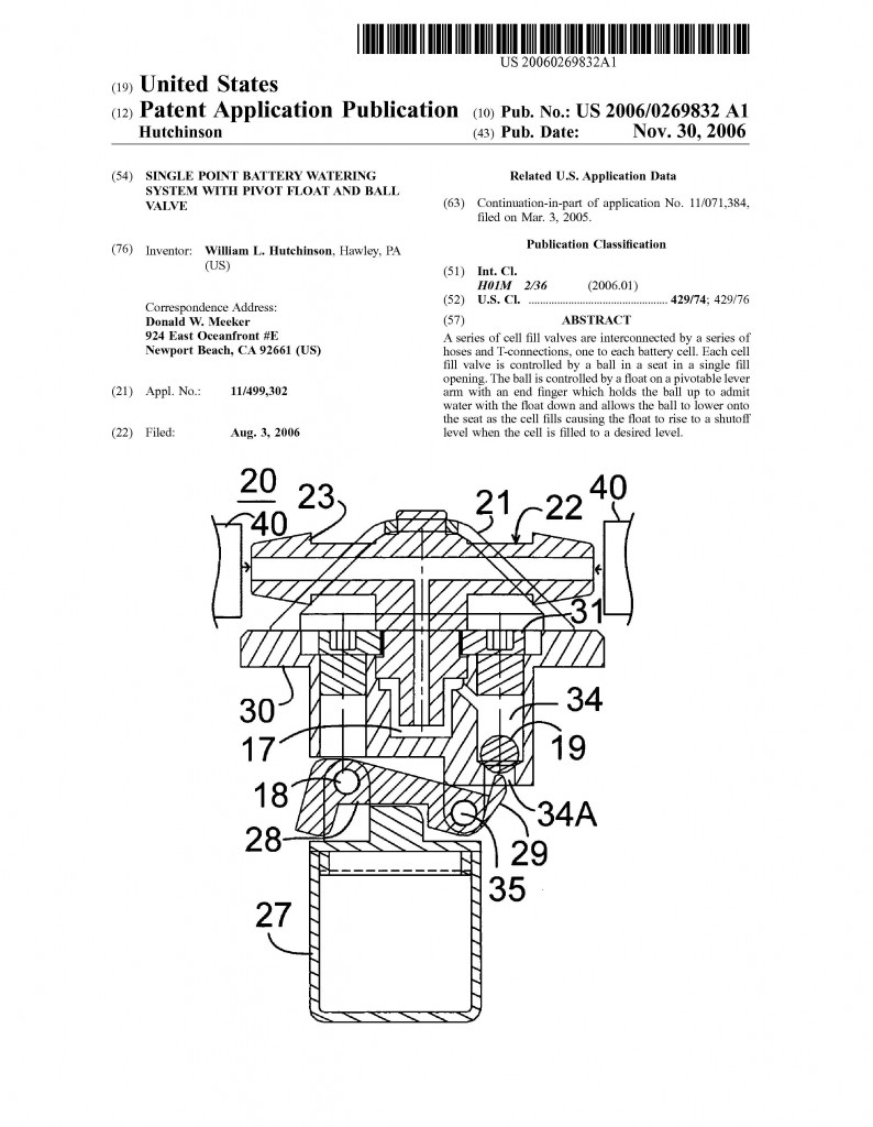 Patent Application SINGLE POINT BATTERY WATERING SYSTEM WITH PIVOT FLOAT AND BALL VALVE. Riddle Patent Law, Scranton, PA, King of Prussia, PA, Allentown, PA, Hawley, PA.