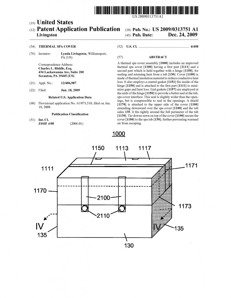 Patent Application THERMAL SPA COVER, Riddle Patent Law, Scranton, PA, King of Prussia, PA, Allentown, PA, Williamsport, PA.