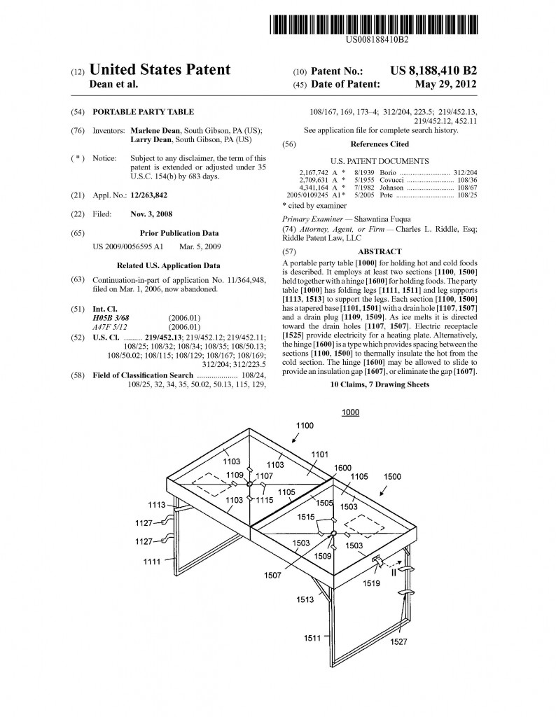 Patent Application Granted to Marlene Dean and Larry Dean, Riddle Patent Law, Scranton, PA, King of Prussia, PA, Allentown, PA, South Gibson, PA.