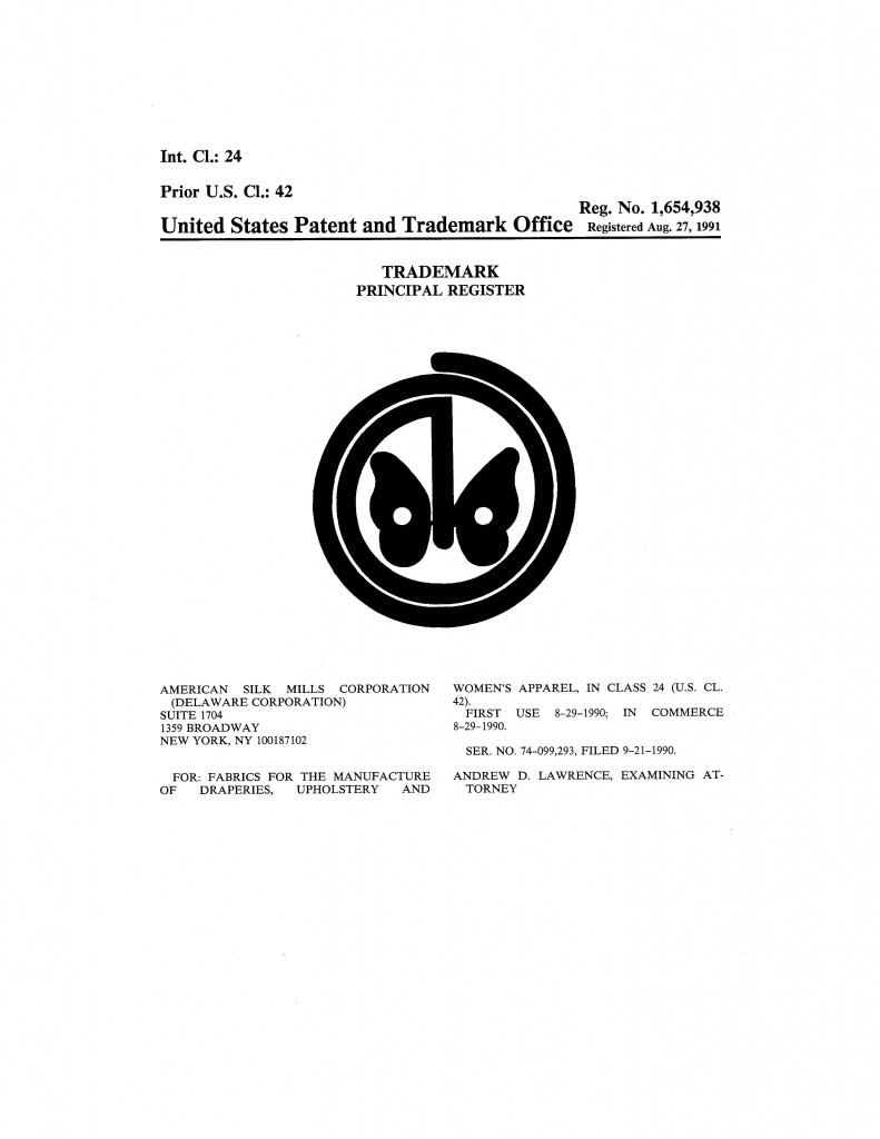 Trademark Application Granted for AMERICAN SILK MILLS CORPORATION. Riddle Patent Law, Scranton, PA, King of Prussia, PA, Allentown, PA, New York, NY.