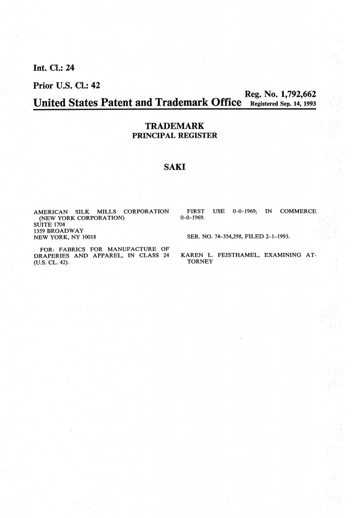 Trademark Application Granted for SAKI. Riddle Patent Law, Scranton, PA, King of Prussia, PA, Allentown, PA,  New York, NY.