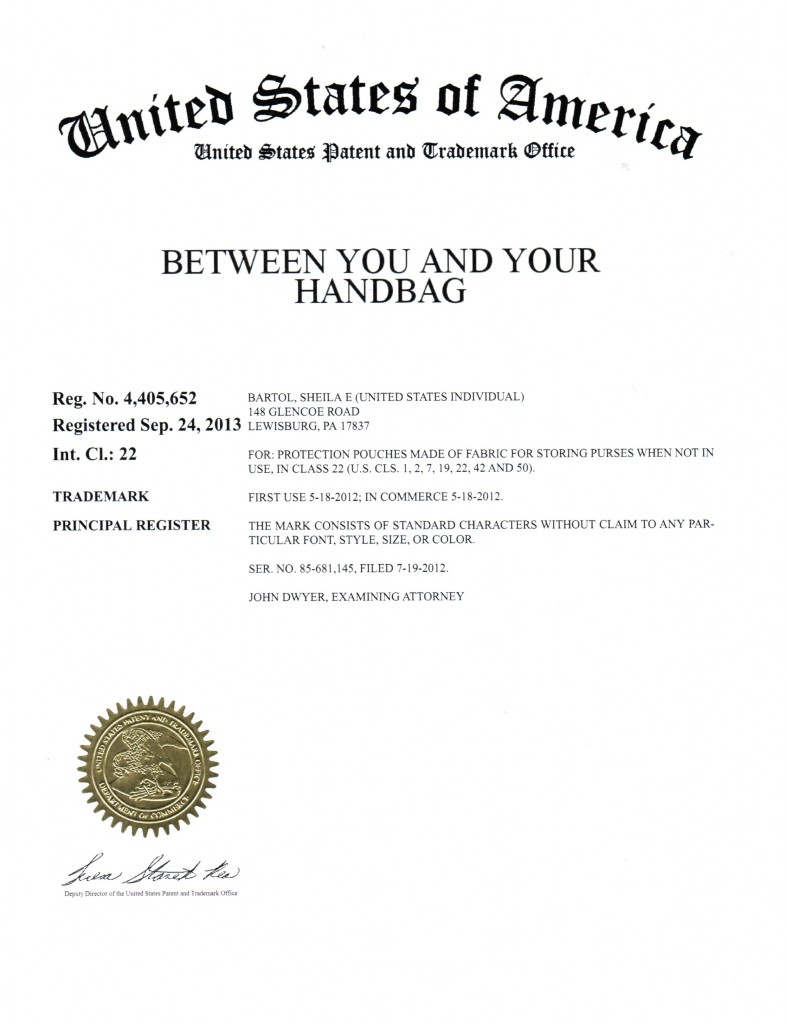 Trademark Application Granted for BETWEEN YOU AND YOUR HANDBAG. Riddle Patent Law, Scranton, PA, King of Prussia, PA, Allentown, PA, Lewisburg, PA.