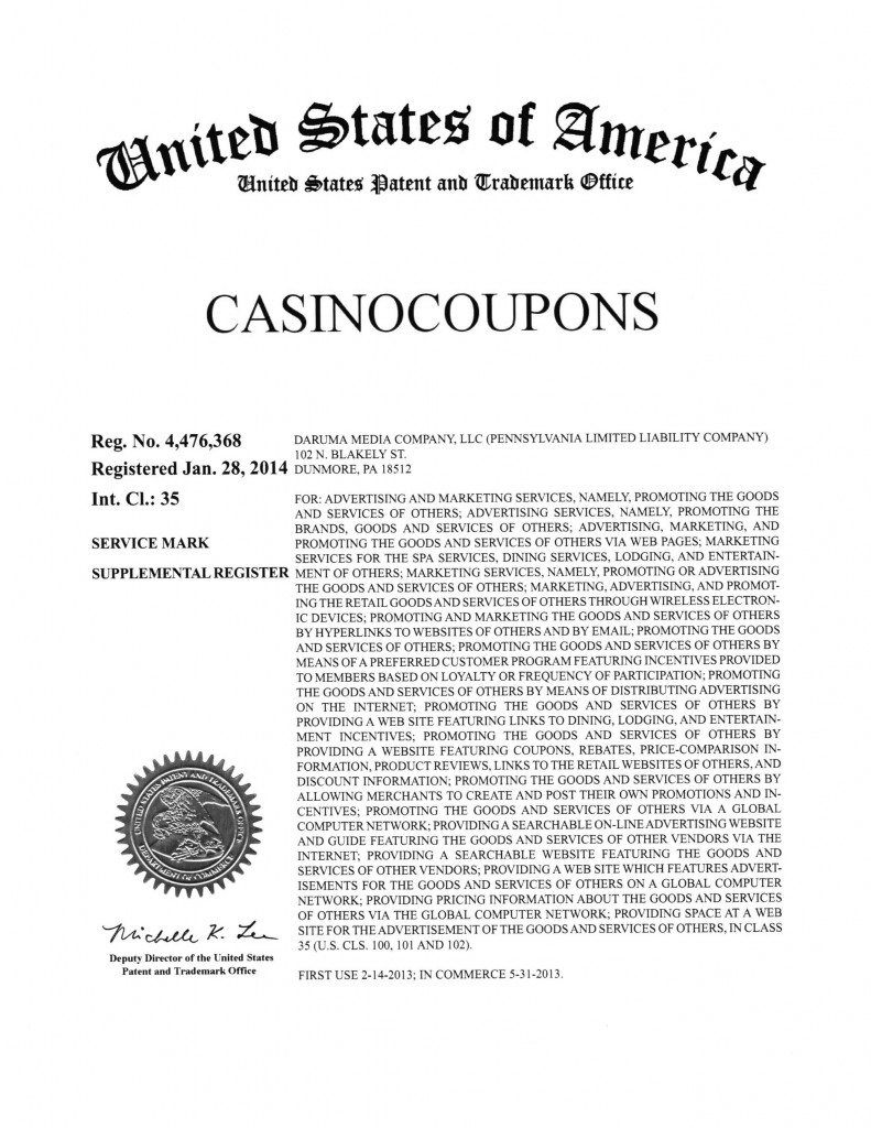 Trademark Application Granted for CASINOCOUPONS.Riddle Patent Law, Scranton, PA, King of Prussia, PA, Dunmore, PA.