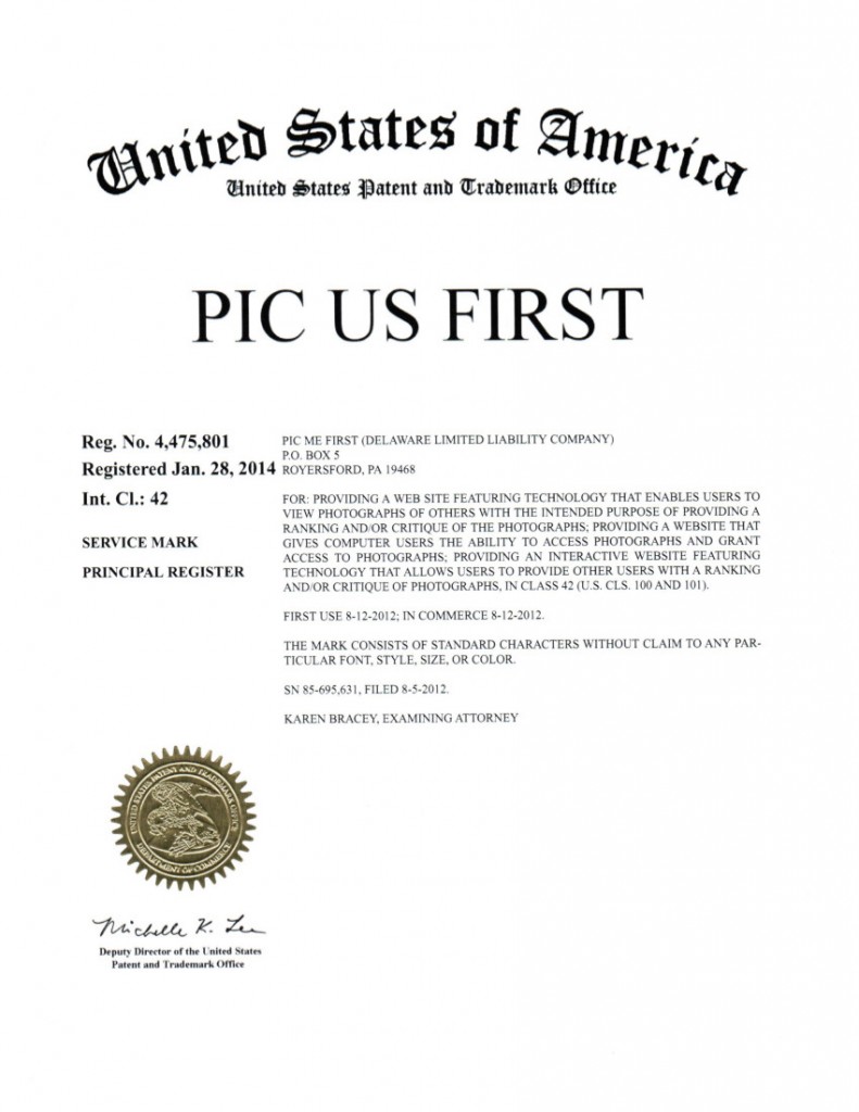 Trademark Application Granted for PIC US FIRST. Riddle Patent Law, Scranton, PA, King of Prussia, PA, Royersford, PA.
