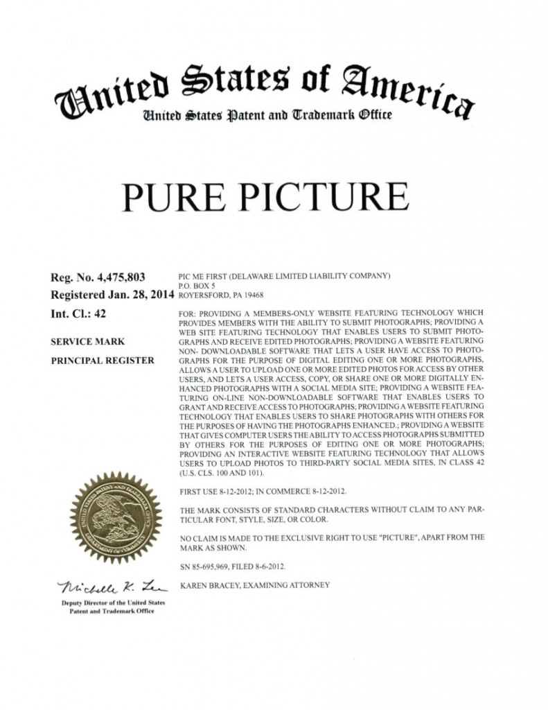 Trademark Application Granted for PURE PICTURE. Riddle Patent Law, Scranton, PA, King of Prussia, PA, Royersford, PA.