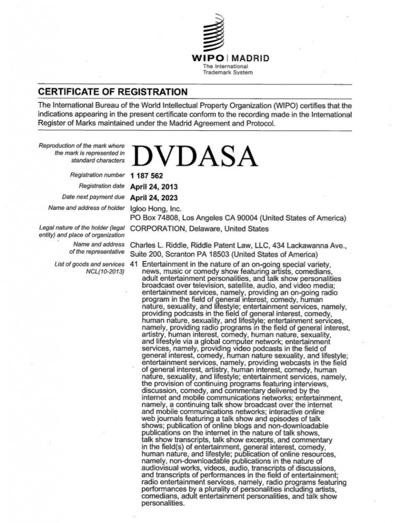 WIPO Application Granted for DVDASA. Riddle Patent Law, Scranton, PA, King of Prussia, PA, Allentown, PA, Los Angeles, CA.