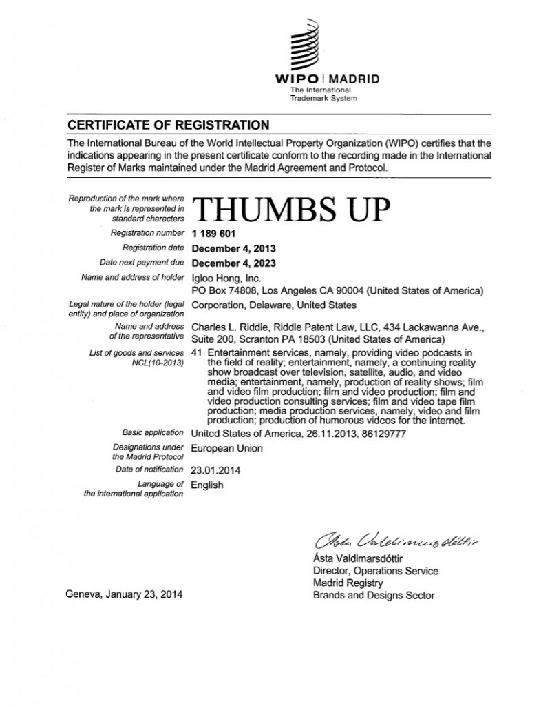 WIPO Application Granted for THUMBS UP. Riddle Patent Law, Scranton, PA, King of Prussia, PA, Allentown, PA,  Los Angeles, CA.