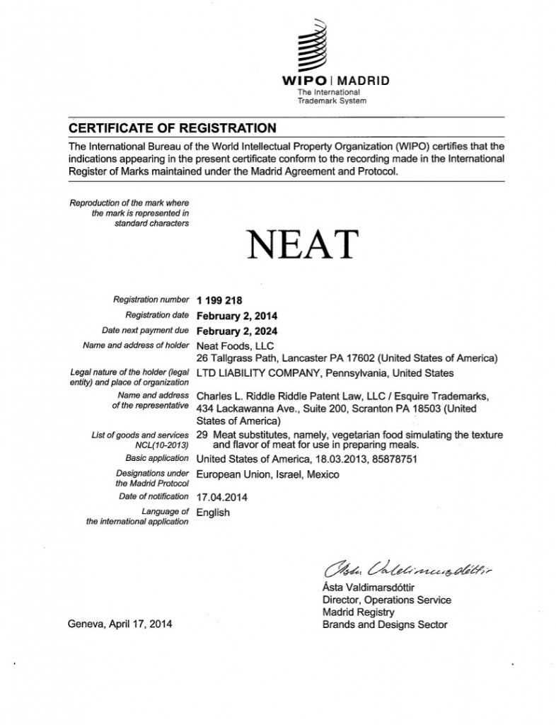 WIPO Application Granted for NEAT. Riddle Patent Law, Scranton, PA, King of Prussia, PA, Allentown, PA, Lancaster, PA.