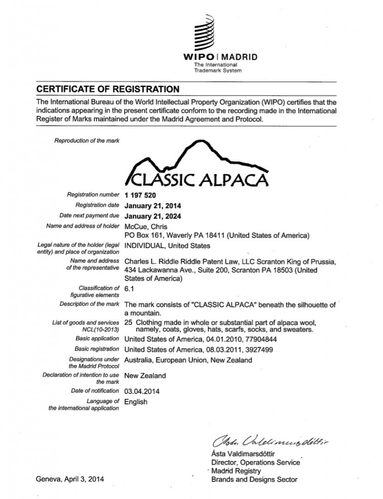 WIPO Registration Granted for CLASSIC ALPACA. Riddle Patent Law, Scranton, PA, King of Prussia, PA, Allentown, PA, Waverly, PA.