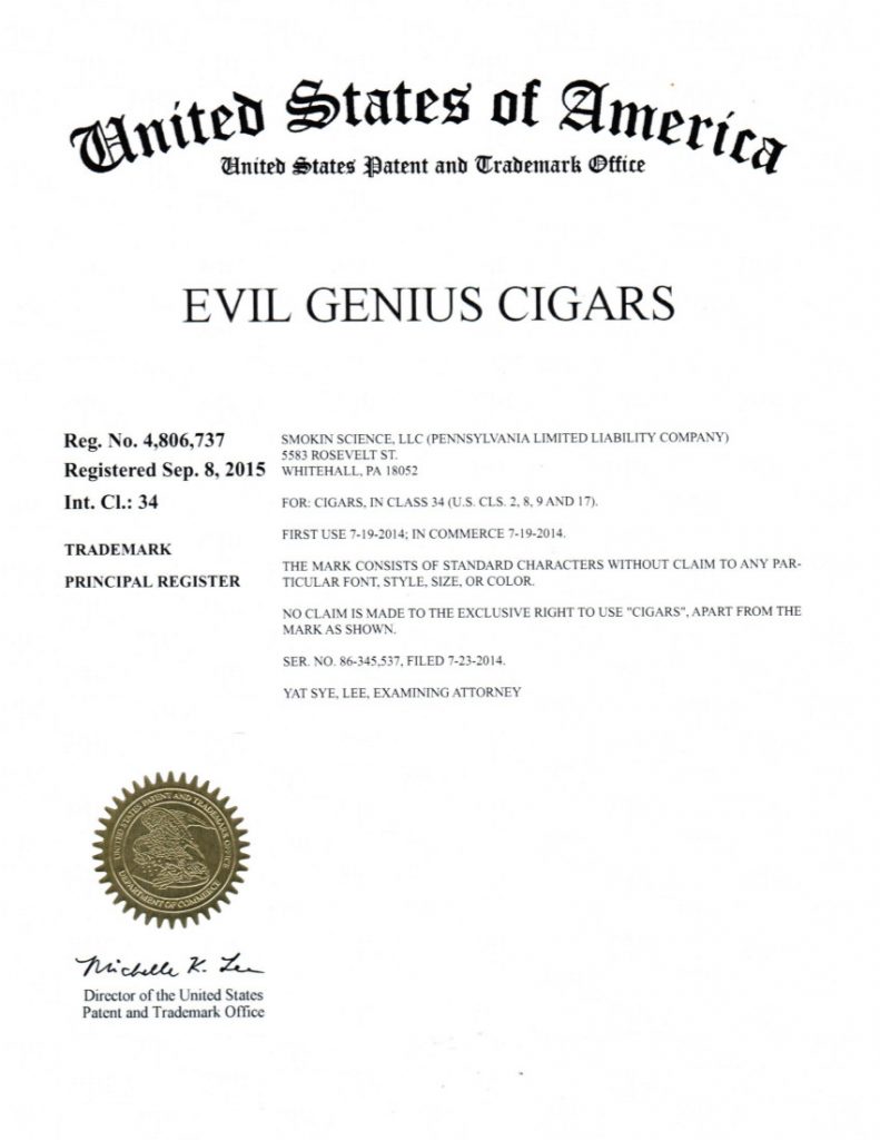 Trademark Application Granted for EVIL GENIUS CIGARS. Esquire Trademarks, Scranton, PA, Allentown, PA, Philadelphia, PA, Whitehall, PA